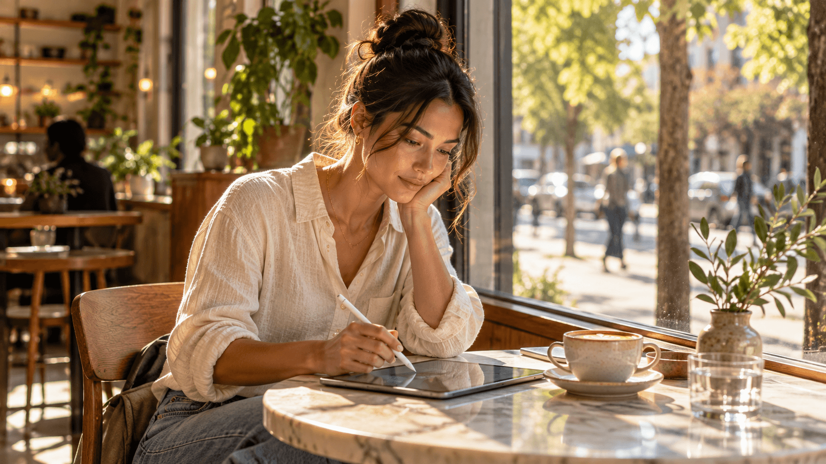 A man with a coffee, working on a tablet at a café window