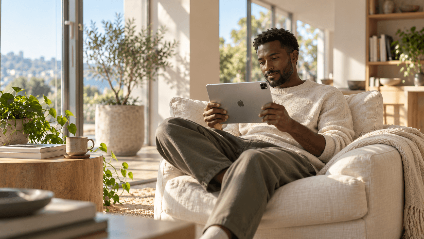 A man relaxing in an armchair at home, using an iPad