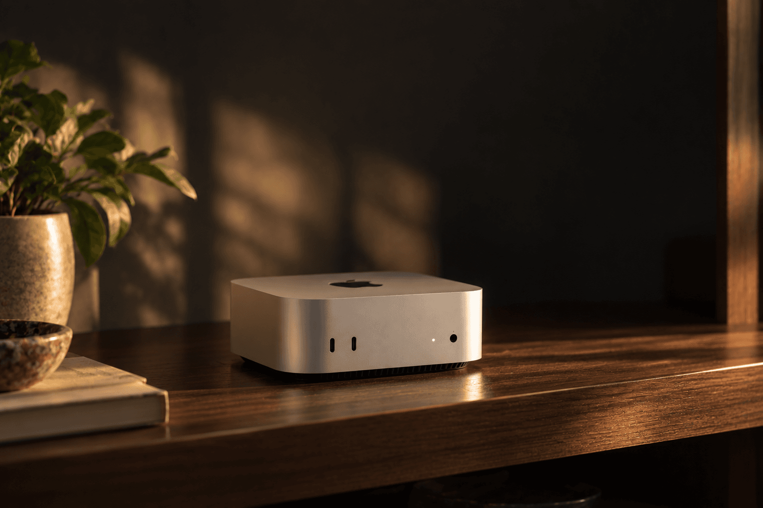 A Mac mini on a wooden shelf in soft window light